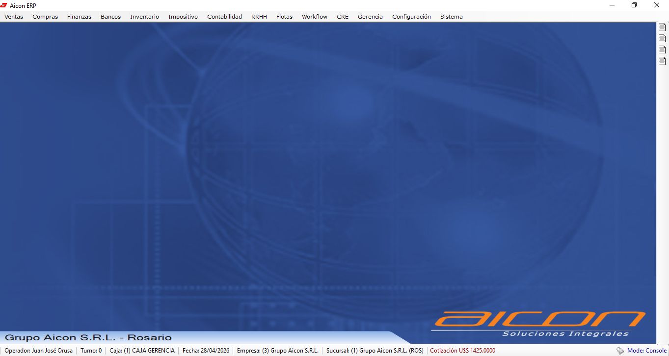 Aicon ERP - Pantalla principal del sistema